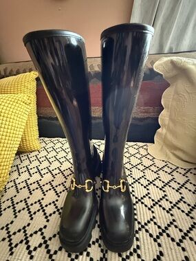 Gucci Black Glossy Tall Rain Boots with Gold Horsebit